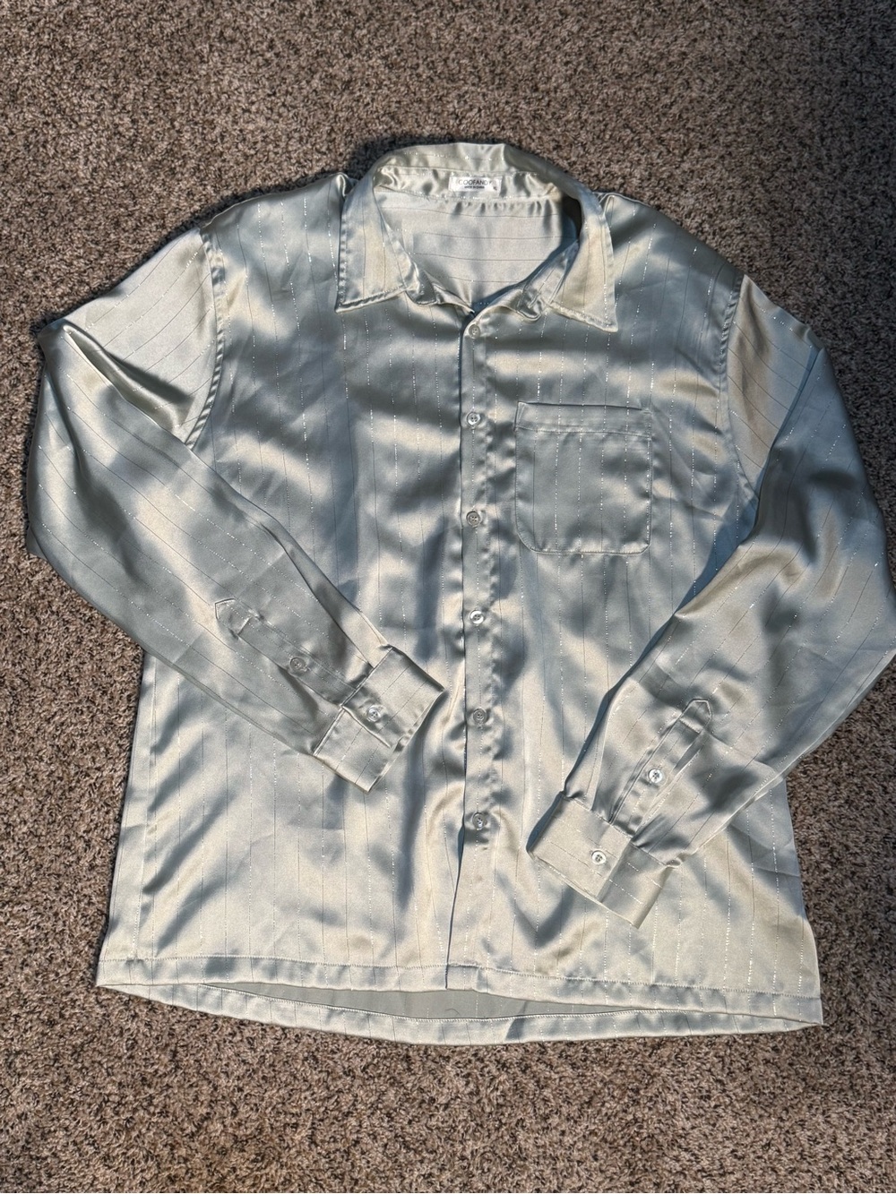 Satin Button-Down Shirt in Light Silver-Green
